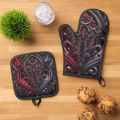 Gothic Elegance Oven Mitt en Pot Houder Set (Top down)