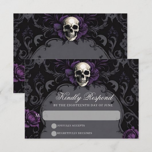 Gothic Elegance Purple Boho Skull Floral Wedding RSVP Kaartje (Voorkant / Achterkant)