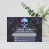 Gothic Elegance Purple Boho Skull Floral Wedding RSVP Kaartje (Staand voorkant)