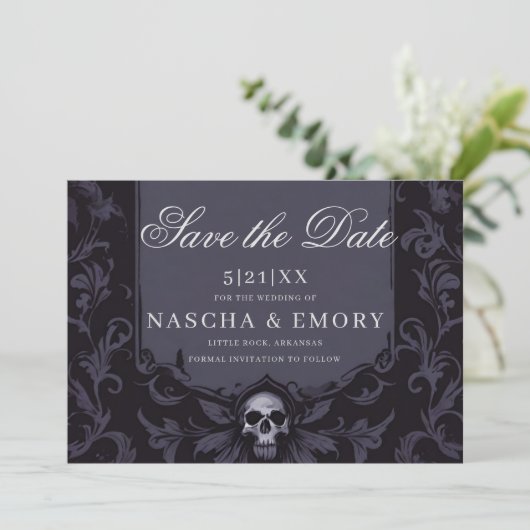 Gothic Elegance Purple Boho Skull Save The Date (Staand voorkant)