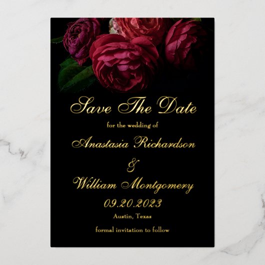 Gothic Elegant Floral Black Gold Save Date Folie Uitnodiging (Voorkant)