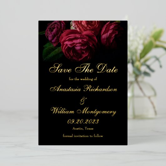Gothic Elegant Floral Black Gold Save Date Folie Uitnodiging (Staand Voorkant)