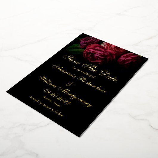 Gothic Elegant Floral Black Gold Save Date Folie Uitnodiging (Gedraaid)