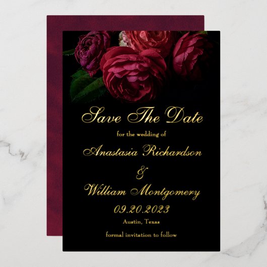 Gothic Elegant Floral Black Gold Save Date Folie Uitnodiging (Voorkant / Achterkant)