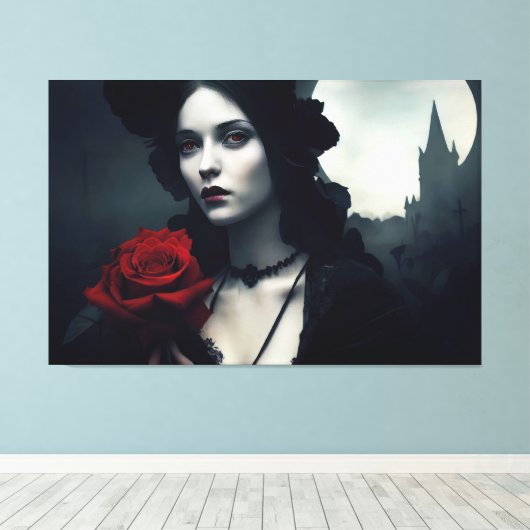 Gothic Elegant Lady Red Rose Canvas Afdruk (Insitu (Houten vloer))
