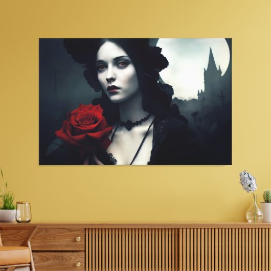 Gothic Elegant Lady Red Rose Canvas Afdruk (Insitu (Woonkamer))
