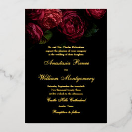 Gothic Elegant Moody Bloemen Zwart & Goud Huwelijk Folie Uitnodiging