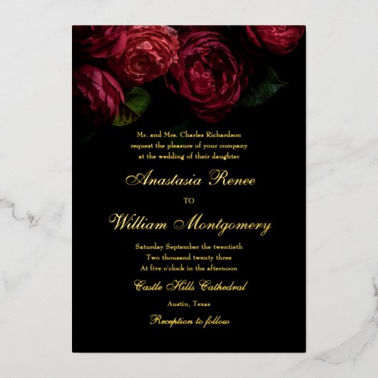 Gothic Elegant Moody Bloemen Zwart & Goud Huwelijk Folie Uitnodiging (Voorkant)