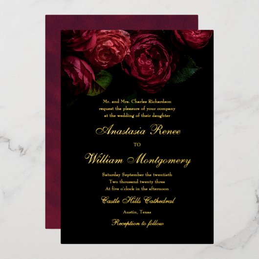 Gothic Elegant Moody Bloemen Zwart & Goud Huwelijk Folie Uitnodiging (Voorkant / Achterkant)