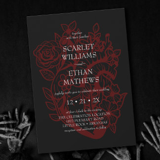 Gothic Elegant Red & Black Floral Heart Weddenscha Kaart