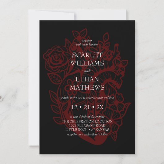 Gothic Elegant Red & Black Floral Heart Weddenscha Kaart (Voorkant)