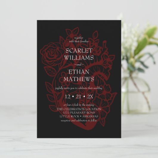 Gothic Elegant Red & Black Floral Heart Weddenscha Kaart (Staand voorkant)