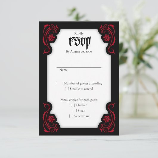 Gothic Elegant Rozen Wedding RSVP Kaartje (Staand voorkant)