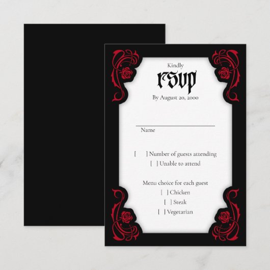 Gothic Elegant Rozen Wedding RSVP Kaartje (Voorkant / Achterkant)