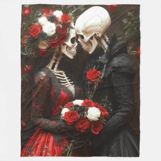 Gothic Elegant Skeleton Bride & Groom Zwart & Rood Fleece Deken (Voorkant)