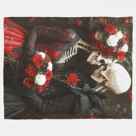 Gothic Elegant Skeleton Bride & Groom Zwart & Rood Fleece Deken (Voorkant (Horizontaal))