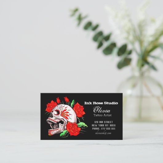 Gothic Elegant Skull and Red Roses Studio Business Visitekaartje (Staand voorkant)