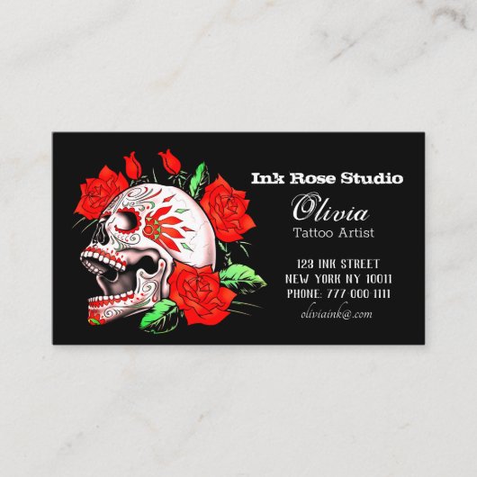 Gothic Elegant Skull and Red Roses Studio Business Visitekaartje (Voorkant)