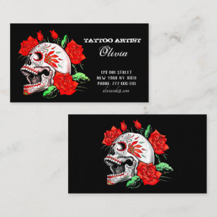 Gothic Elegant Skull and Red Roses Visitekaartje