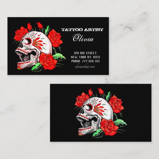 Gothic Elegant Skull and Red Roses Visitekaartje (Voorkant / Achterkant)