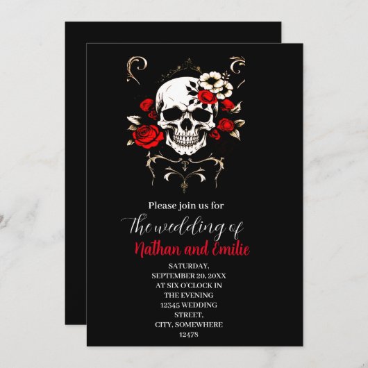 Gothic Elegant Skull zwart en rood bruiloft uitnod Kaart (Voorkant / Achterkant)