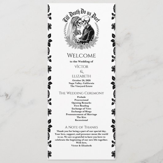 Gothic Elegant Till Death Skeleton Wedding Programmakaart (Voorkant)