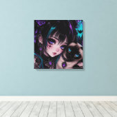 Gothic Emo | Anime Meisje & Kat Canvas Afdruk (Insitu (Houten vloer))