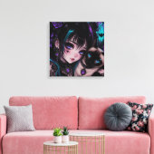 Gothic Emo | Anime Meisje & Kat Canvas Afdruk (Insitu (Woonkamer))