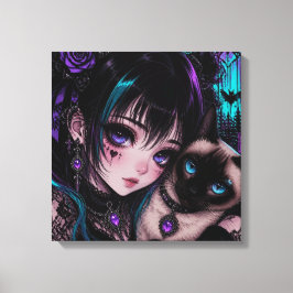 Gothic Emo | Anime Meisje & Kat Canvas Afdruk