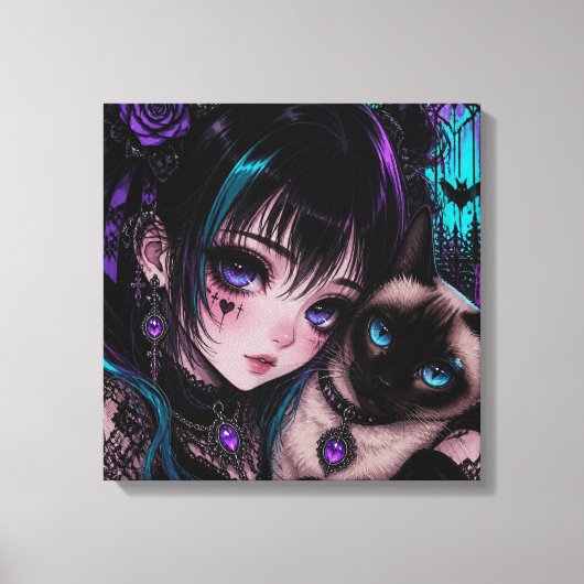 Gothic Emo | Anime Meisje & Kat Canvas Afdruk (Voorkant)