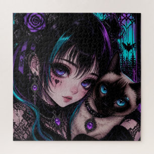 Gothic Emo Anime Meisje & Kat Legpuzzel