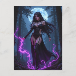 Gothic Enchantress Purple Lightning Moon Halloween Feestdagenkaart