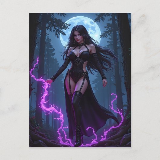 Gothic Enchantress Purple Lightning Moon Halloween Feestdagenkaart (Voorkant)
