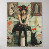 Gothic Fairy & Black Cat Quirky Halloween Kunst Poster (Voorkant)