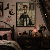 Gothic Fairy & Black Cat Quirky Halloween Kunst Poster