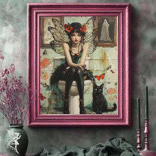Gothic Fairy & Black Cat Quirky Halloween Kunst Poster