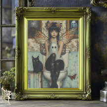 Gothic Fairy & Cat Zittend op Toilet Decoupage