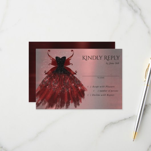 Gothic Fairy Crimson Gown | Deep Radiant Red Sheen RSVP Kaartje (Voorkant / Achterkant in situ)