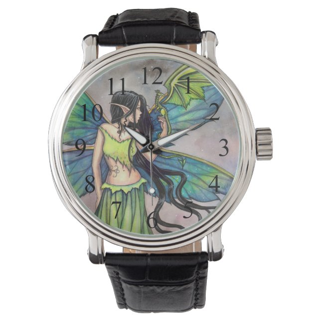 Gothic Fairy en Dragon Mystieke Fantasy Kunst Horloge (Voorkant)