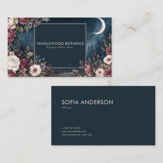 Gothic Fairytale Celestial Moon Burgundy Rose Visitekaartje (Voorkant / Achterkant)