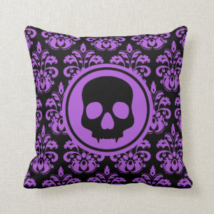 Gothic fanged Halloween skull paars damask Kussen