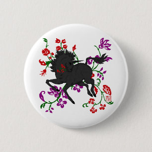 Gothic Fantasy Black Unicorn Horse in Flowers Ronde Button 5,7 Cm
