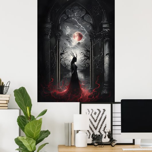 Gothic Fantasy Scene – Red Moon Silhouette Art Poster (Thuiskantoor)