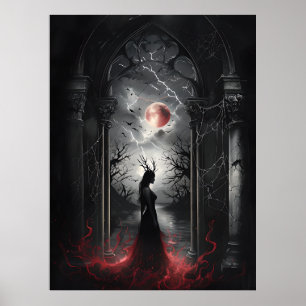 Gothic Fantasy Scene – Red Moon Silhouette Art Poster