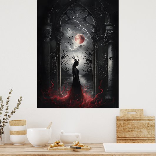 Gothic Fantasy Scene – Red Moon Silhouette Art Poster (Keuken)