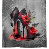 Gothic Fashionista Red Bottom Stilettos met Rozen Douchegordijn (Voorkant)