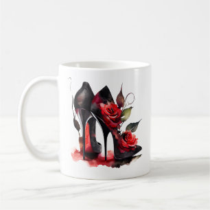Gothic Fashionista Red Bottom Stilettos met Rozen Koffiemok