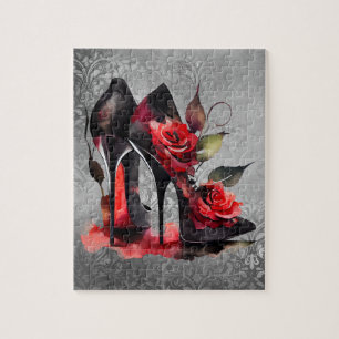 Gothic Fashionista Red Bottom Stilettos met Rozen Legpuzzel
