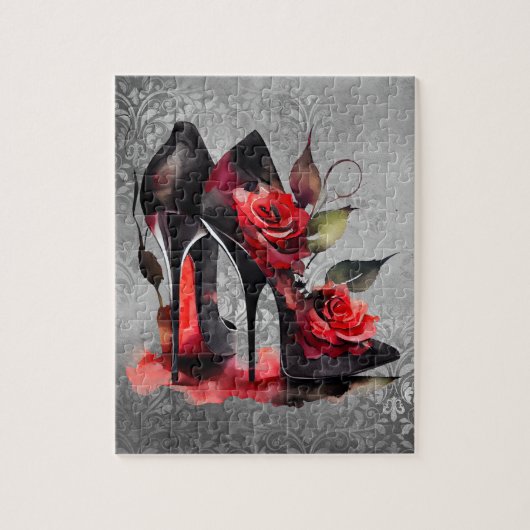 Gothic Fashionista Red Bottom Stilettos met Rozen Legpuzzel (Verticaal)