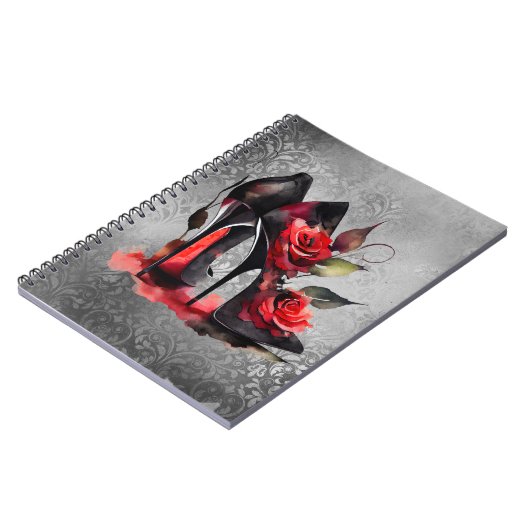 Gothic Fashionista Red Bottom Stilettos met Rozen Notitieboek (Linkerzijde)